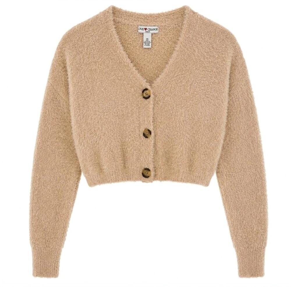 Love Change Italy Beige Fuzzy Soft Knit Cropped Cardigan Sweater Size Small S